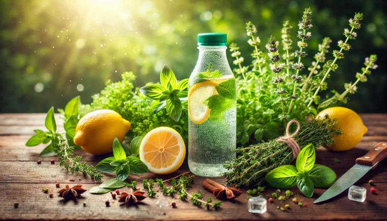 Detox drink surrounded by fresh herbs, lemons, and clear water in a vibrant, sunlit setting, representing a clean and refreshing detox experience
