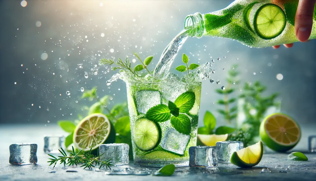 Herbal Clean QCarbo32 Reviews: Does This Same-Day Detox Drink Really Work? 1 Refreshing detox drink being poured into an ice-filled glass, surrounded by citrus slices and herbs, emphasizing rejuvenation and hydration