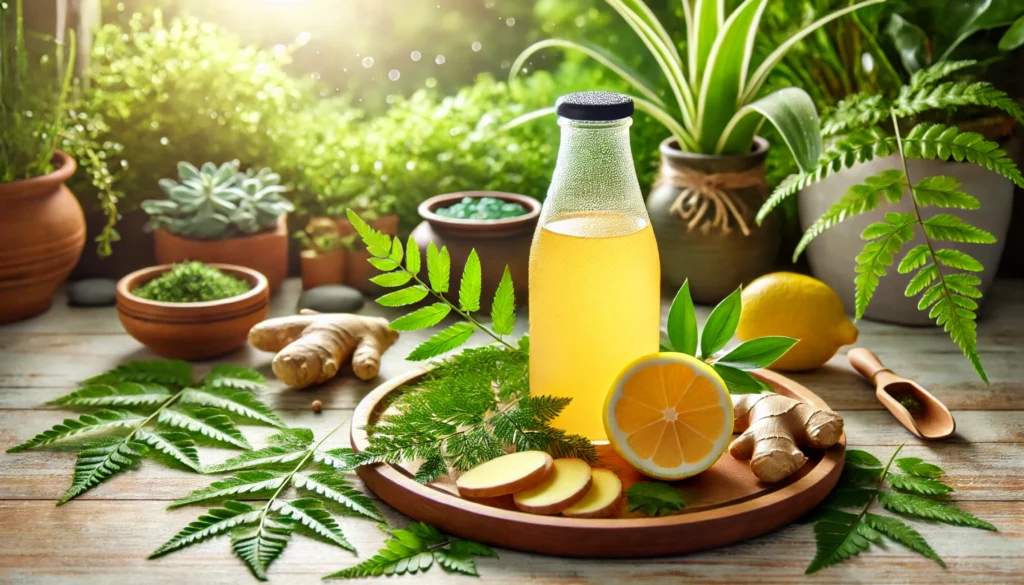 Herbal Clean QCarbo32 Reviews: Does This Same-Day Detox Drink Really Work? 2 Serene spa-like scene featuring a detox drink on a wooden tray with herbal leaves, sliced ginger, and lemon, creating a relaxing, health-focused atmosphere