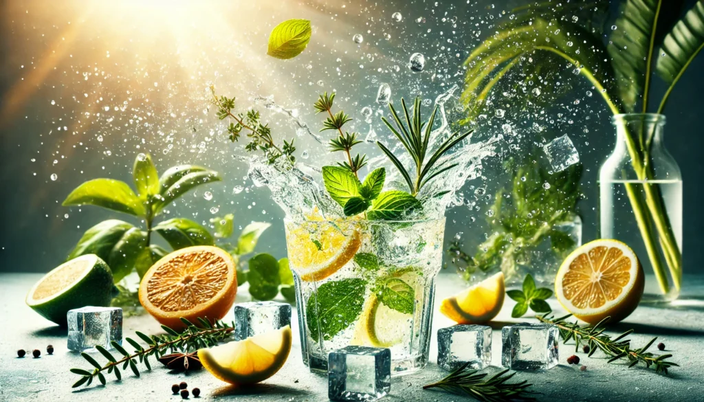 Herbal Clean QCarbo32 Reviews: Does This Same-Day Detox Drink Really Work? 3 Dynamic splash of detox drink surrounded by fresh herbs, citrus fruits, and ice cubes, symbolizing vitality, cleansing, and energy