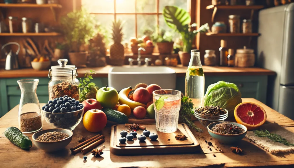 How to Safely Detox from Alcohol at Home: Effective Strategies for a Natural Recovery 1 A warm and inviting home kitchen featuring fresh fruits, vegetables, herbal teas, and a glass of detox water on a wooden counter, symbolizing natural alcohol detox at home