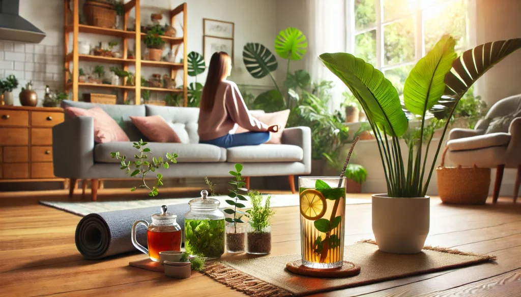 How to Safely Detox from Alcohol at Home: Effective Strategies for a Natural Recovery 2 A tranquil living room with a person meditating on a yoga mat, surrounded by indoor plants and a cup of herbal detox tea, representing a holistic approach to alcohol detox at home.