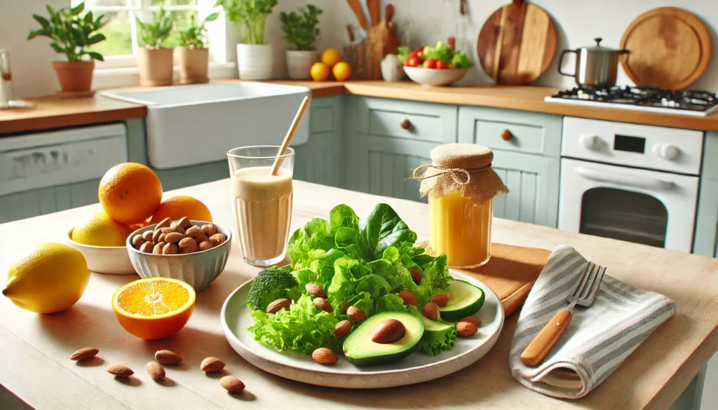 How to Safely Detox from Alcohol at Home: Effective Strategies for a Natural Recovery 3 A well-lit kitchen with a wooden table displaying a fresh detox meal, including greens, citrus fruits, nuts, and a detox smoothie, highlighting a healthy approach to alcohol detox at home