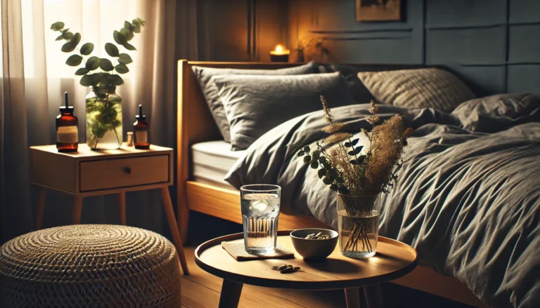 A tranquil bedroom with a neatly made bed, soft lighting, and a bedside table featuring a glass of detox water and herbal supplements, representing rest and recovery in alcohol detox at home.