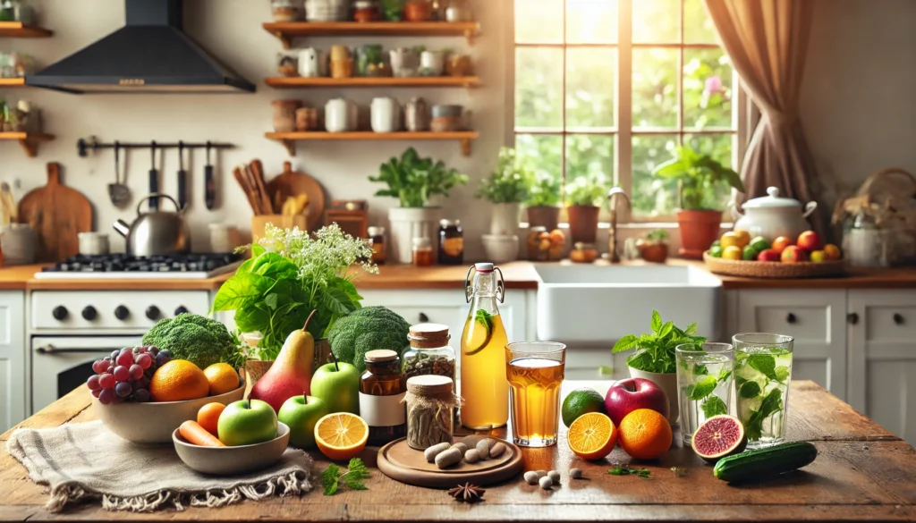 How to Detox Your Body from Drugs Safely: Effective Strategies for a Successful Recovery 1 A serene home kitchen with fresh fruits, vegetables, herbal teas, and detox drinks on a wooden counter, symbolizing a natural and healthy approach to drug detox at home