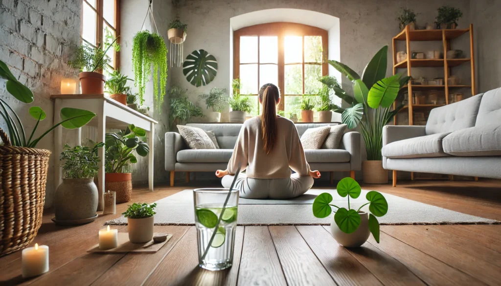 How to Detox Your Body from Drugs Safely: Effective Strategies for a Successful Recovery 2 A peaceful living room with a person meditating on a yoga mat, surrounded by indoor plants and a glass of detox water, representing a holistic and mindful approach to drug detox