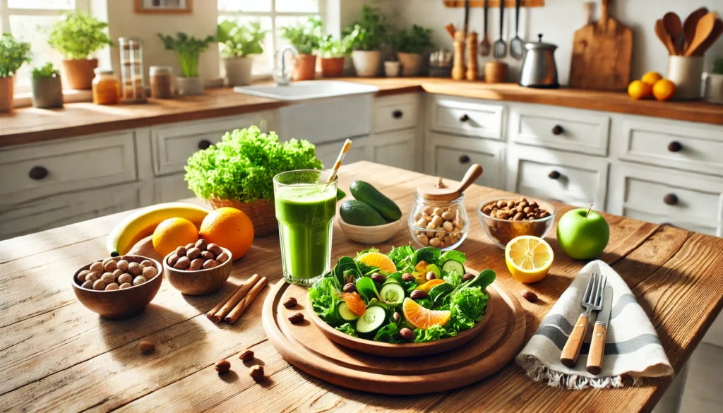 How to Detox Your Body from Drugs Safely: Effective Strategies for a Successful Recovery 3 A well-lit kitchen with a wooden table displaying a fresh detox meal, including greens, citrus fruits, nuts, and a detox smoothie, highlighting a nutritious approach to drug detox