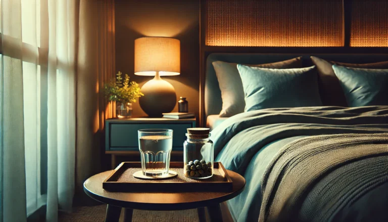 A peaceful bedroom with a neatly made bed, soft lighting, and a bedside table featuring a glass of detox water and herbal supplements, symbolizing rest and recovery in safe drug detox.