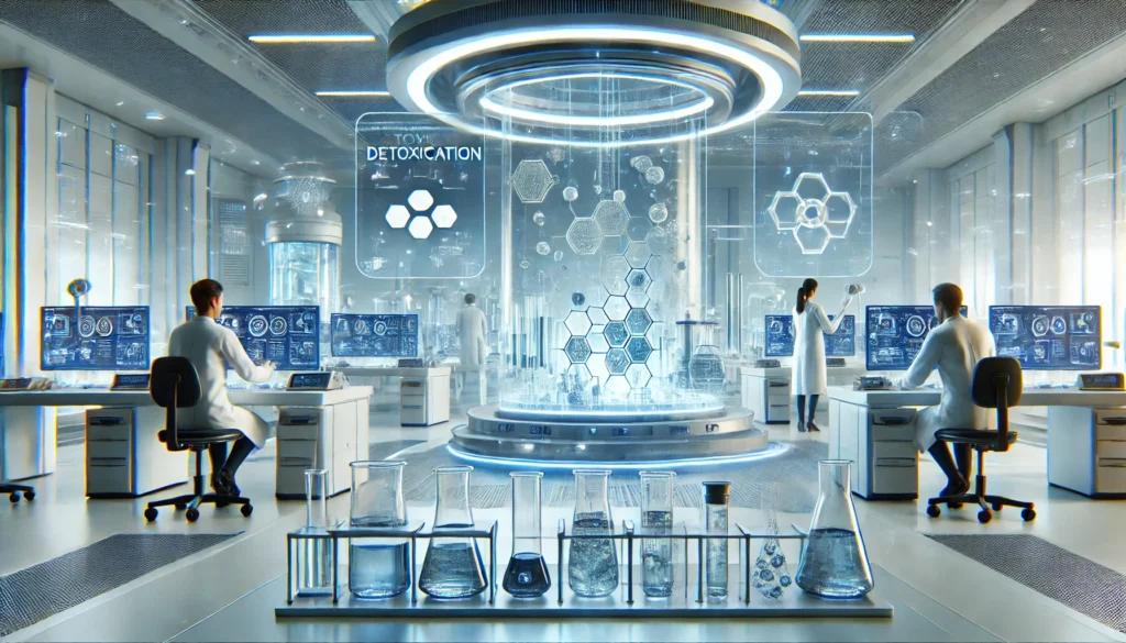 Do THC Detox Kits Work? Unpacking the Science Behind Weed Detox Solutions 1 Futuristic laboratory with scientists analyzing detoxification samples using advanced technology, glass beakers, and holographic molecular displays, representing THC detox research