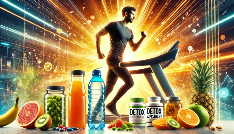 Active gym scene with an individual sweating on a treadmill, surrounded by water bottles, healthy snacks, and detox supplements, symbolizing exercise-based THC detoxification