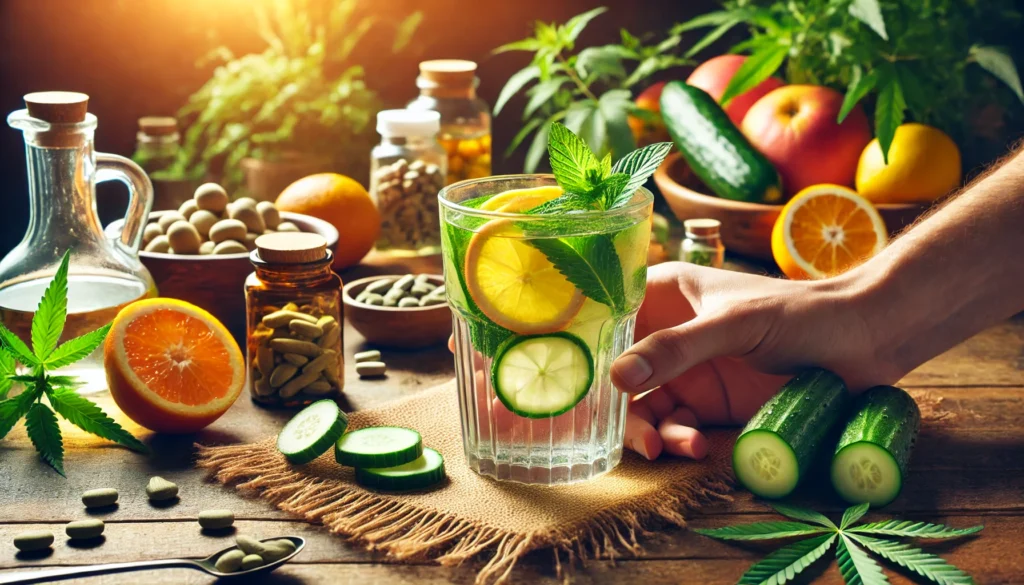 Do THC Detox Kits Work? Unpacking the Science Behind Weed Detox Solutions 3 Close-up of a detoxification process with a hand holding a glass of infused detox water with citrus, mint, and cucumber, surrounded by fresh organic ingredients and herbal supplements, highlighting natural THC detox methods