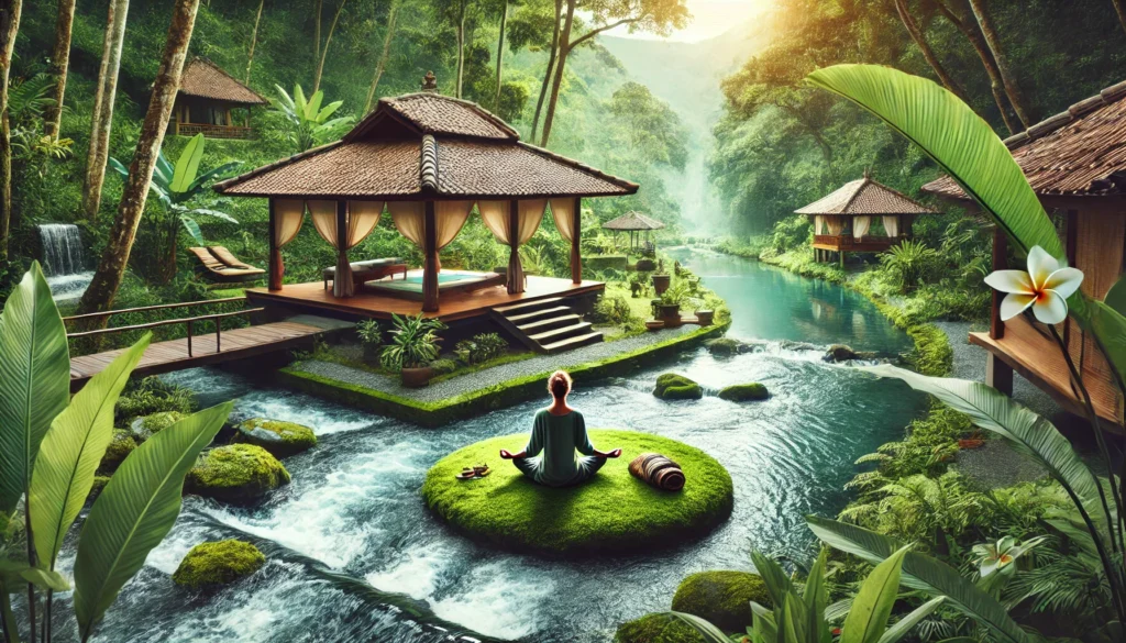 Different Options for Fentanyl Detox: Safe and Effective Ways to Cleanse Your System 2 A serene wellness retreat for natural detox, featuring a person practicing yoga near a flowing river, surrounded by lush greenery in a peaceful and rejuvenating outdoor setting