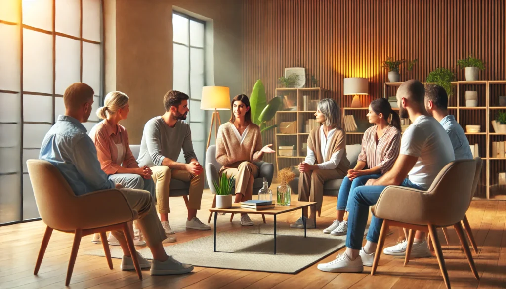 Different Options for Fentanyl Detox: Safe and Effective Ways to Cleanse Your System 1 A modern rehabilitation center featuring a supportive group therapy session, where a diverse group engages in conversation with a compassionate therapist in a warm and inviting environment focused on emotional healing and recovery