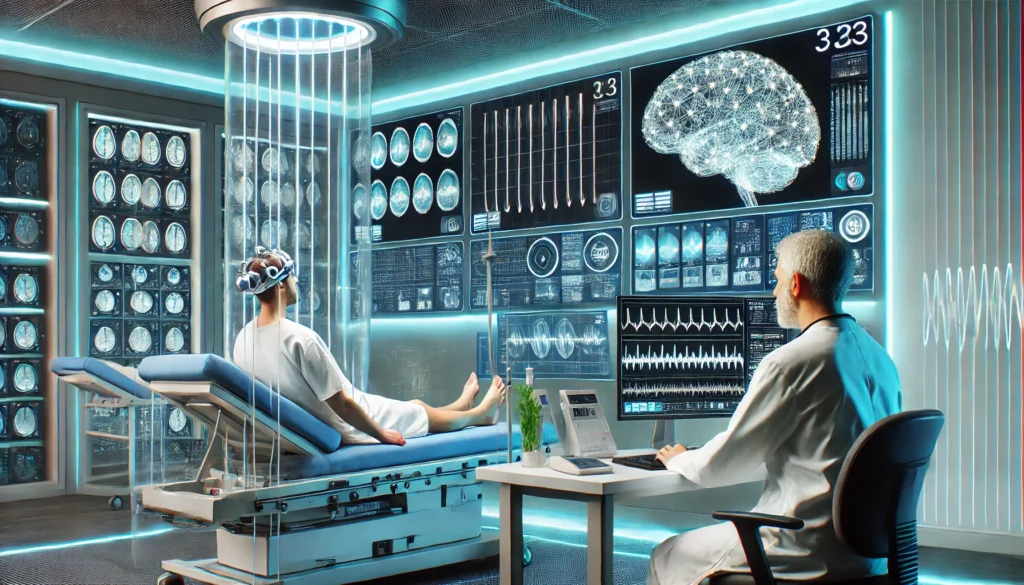 Different Options for Fentanyl Detox: Safe and Effective Ways to Cleanse Your System 3 A futuristic addiction recovery lab equipped with advanced brain imaging technology, where a medical professional monitors a patient undergoing neurotherapy treatment, highlighting cutting-edge detox and addiction recovery methods