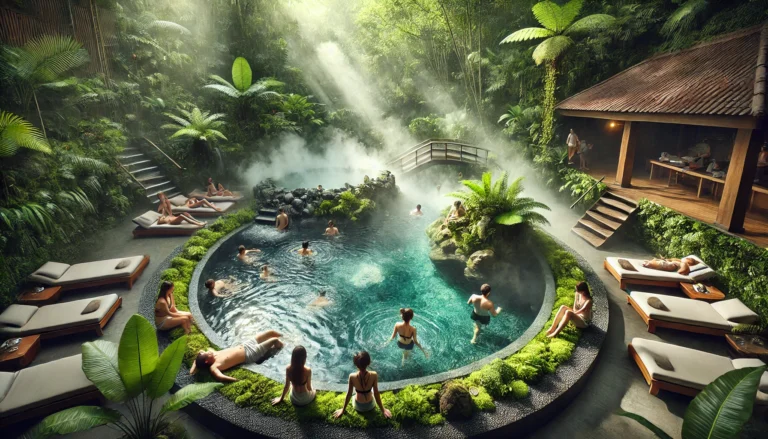 A tranquil wellness retreat with a natural hot spring, enveloped by lush greenery and gentle steam rising, where people relax in a rejuvenating detox environment
