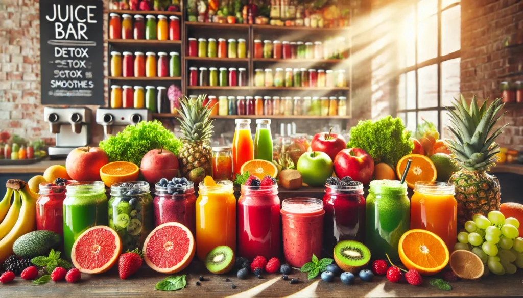 Finding the Best Ways to Detoxify Near Me: A Guide to Safe and Effective Cleansing 1 A bright and inviting juice bar featuring an assortment of colorful fresh fruits and detox smoothies in glass jars, with natural sunlight enhancing the fresh and healthy ambiance.