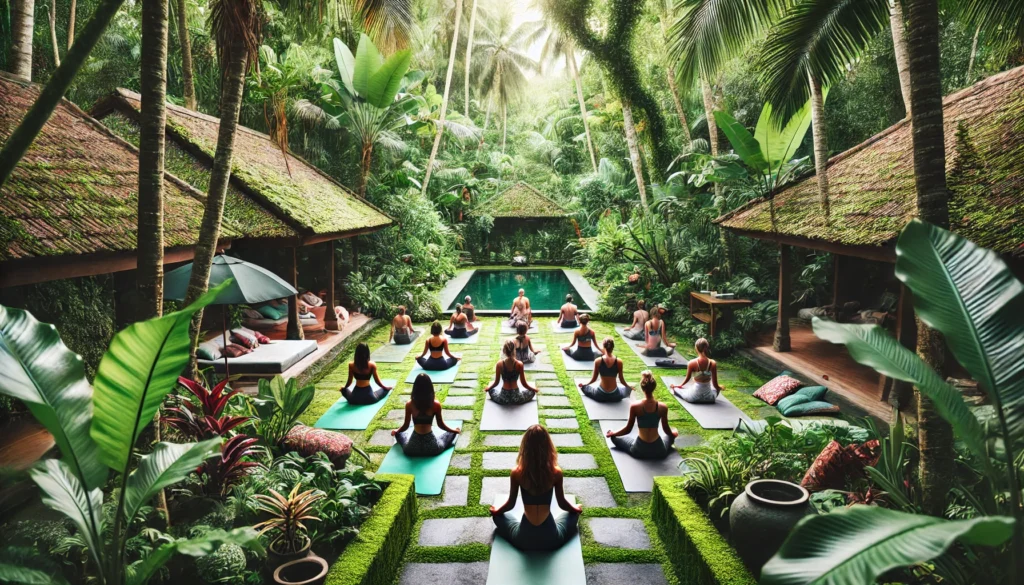 Finding the Best Ways to Detoxify Near Me: A Guide to Safe and Effective Cleansing 2 A tranquil outdoor yoga and meditation space surrounded by lush tropical greenery, where people practice mindful breathing and stretching, fostering detoxification and mental clarity