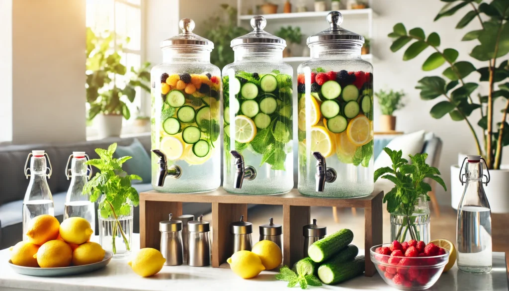 Finding the Best Ways to Detoxify Near Me: A Guide to Safe and Effective Cleansing 3 A bright and refreshing detox water station featuring glass dispensers filled with infused water containing cucumber, lemon, mint, and berries, illuminated by natural light to enhance the fresh and clean ambiance