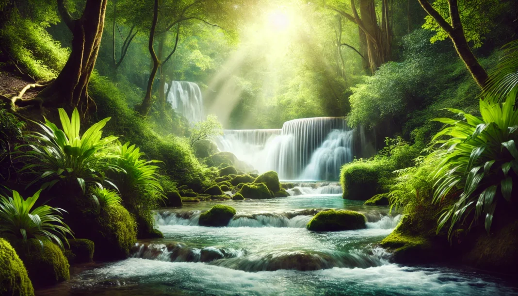 A tranquil waterfall flowing into a clear river, surrounded by lush greenery and soft sunlight, representing natural detoxification and renewal
