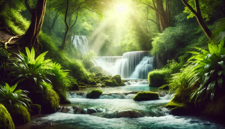 A tranquil waterfall flowing into a clear river, surrounded by lush greenery and soft sunlight, representing natural detoxification and renewal