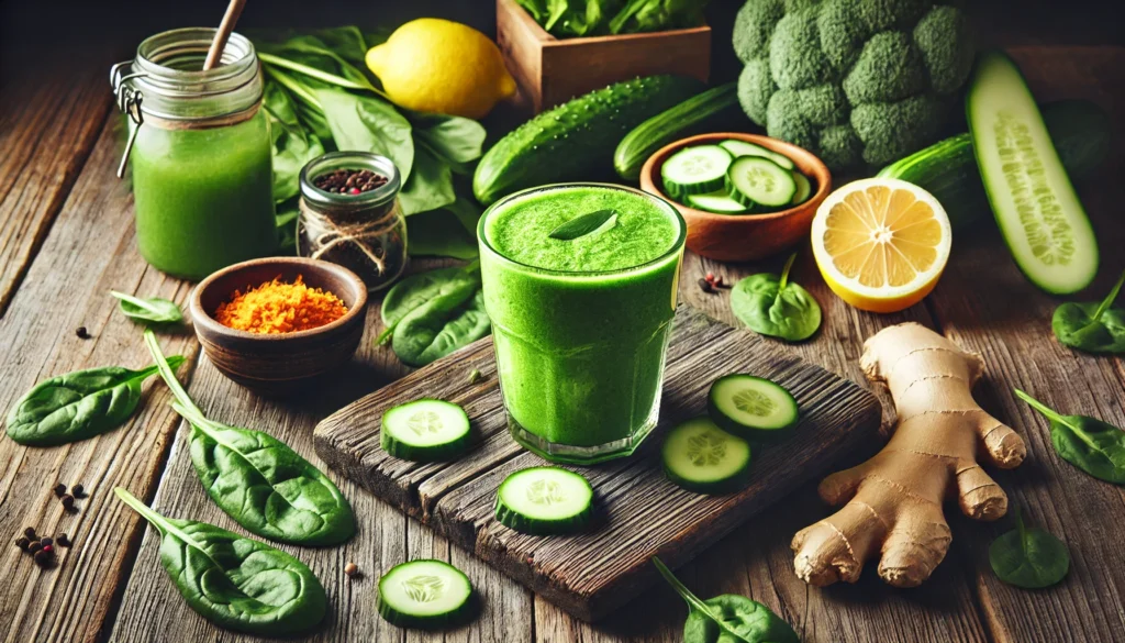 A vibrant green detox smoothie on a rustic wooden table, surrounded by fresh ingredients like spinach, cucumber, lemon, and ginger, representing natural cleansing and wellness