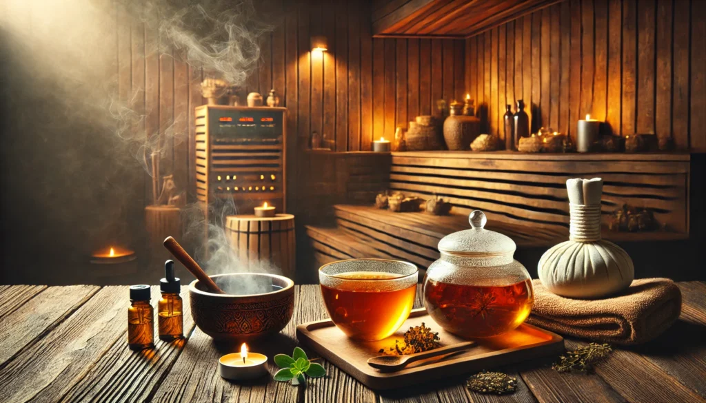 A tranquil spa setting featuring a wooden sauna with rising steam, a bowl of detoxifying herbal tea, and essential oils, symbolizing relaxation and toxin elimination