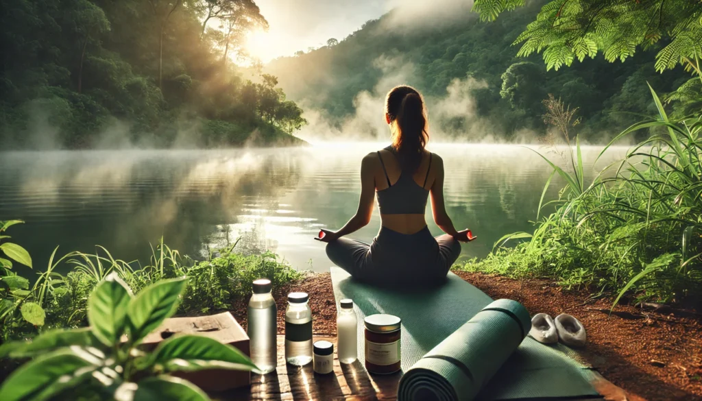 A serene yoga and meditation scene by a peaceful lake at sunrise, with mist rising and lush greenery, representing mindfulness, detoxification, and inner cleansing