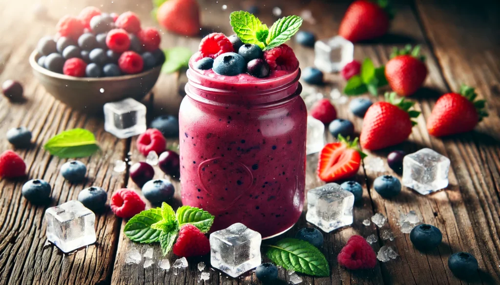 A close-up of fresh antioxidant-rich berries, including blueberries, raspberries, and blackberries, covered in tiny water droplets. The natural lighting highlights their rich colors and juicy textures, emphasizing their freshness.