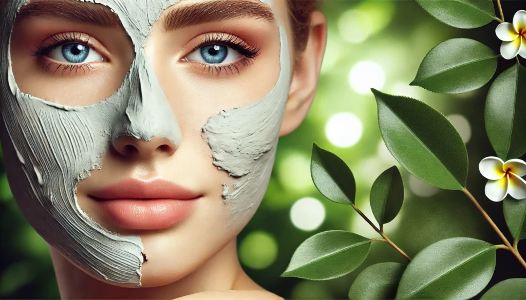 A close-up of a woman’s face with a detox clay mask applied, showing smooth and glowing skin. The background is blurred with green leaves, symbolizing natural skin detox and freshness.