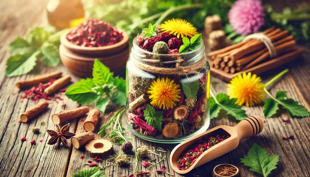 Blood Detox Herbs: Natural Ways to Cleanse and Purify Your Blood 3 A glass jar filled with a blend of dried blood-purifying herbs, including dandelion, burdock root, red clover, and nettle. Surrounding the jar are loose dried herbs, fresh green leaves, and a wooden scoop on a natural wooden surface, highlighting the earthy textures and detoxifying properties of the herbs.