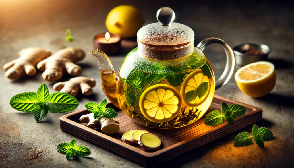 How to Detox Your Body: Best Foods and Strategies for a Natural Cleanse 2 A detoxifying herbal tea infusion with lemon slices, ginger, and fresh mint leaves in a glass teapot. The teapot is placed on a wooden tray with warm lighting, enhancing the soothing and cleansing nature of the drink.