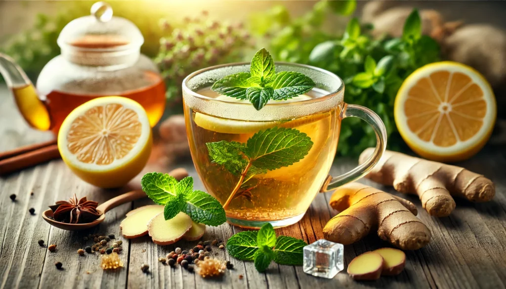 Detox from Processed Foods: How to Reset Your Body with Whole Nutrition 3 A glass cup of warm herbal tea infused with detoxifying ingredients like ginger, lemon, and mint, sitting on a wooden surface. Fresh herbs and lemon slices are scattered around, enhancing the natural and cleansing essence of the tea.