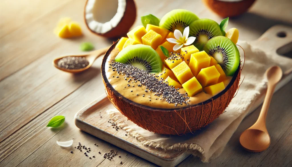 Fruity Detox: Cleanse Your Body Naturally with Nutrient-Rich Fruits 2 A detox smoothie bowl made with blended tropical fruits like mango, pineapple, and banana, topped with kiwi slices, chia seeds, and coconut flakes. The smoothie has a rich, creamy texture and is served in a coconut shell on a light wooden surface.