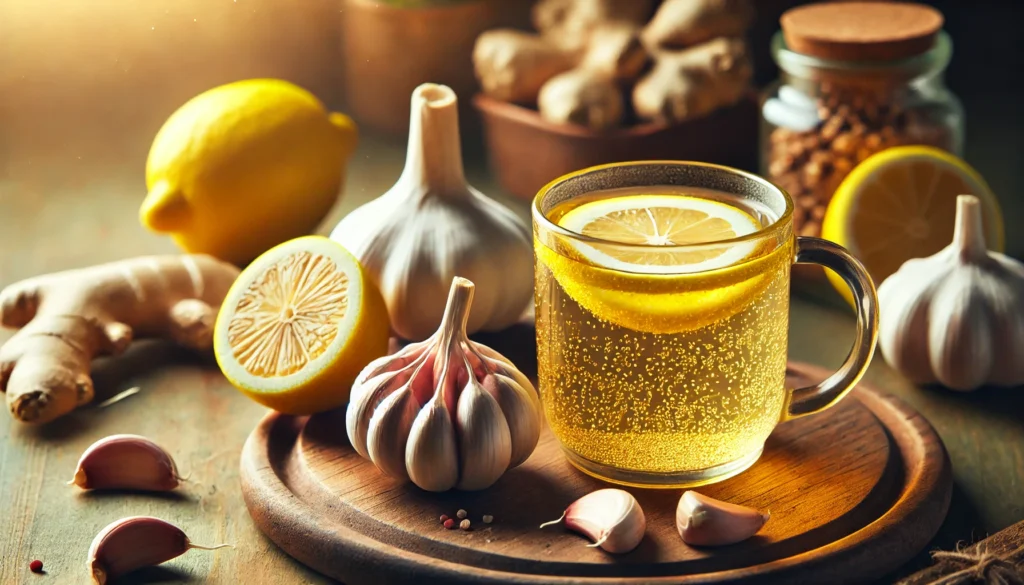 Garlic for Detox: How This Powerful Superfood Supports Cleansing and Health 2 A warm, golden-hued garlic-infused drink in a glass cup, surrounded by fresh garlic cloves, lemon slices, and ginger on a wooden cutting board with soft natural lighting.