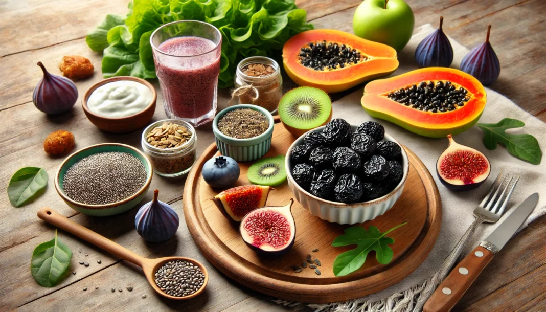 A beautifully arranged wooden table featuring natural foods that aid digestion, including fresh prunes, figs, papaya, kiwi, chia seeds, and flaxseeds. A glass of prune juice sits beside a bowl of yogurt with berries in a bright kitchen setting.