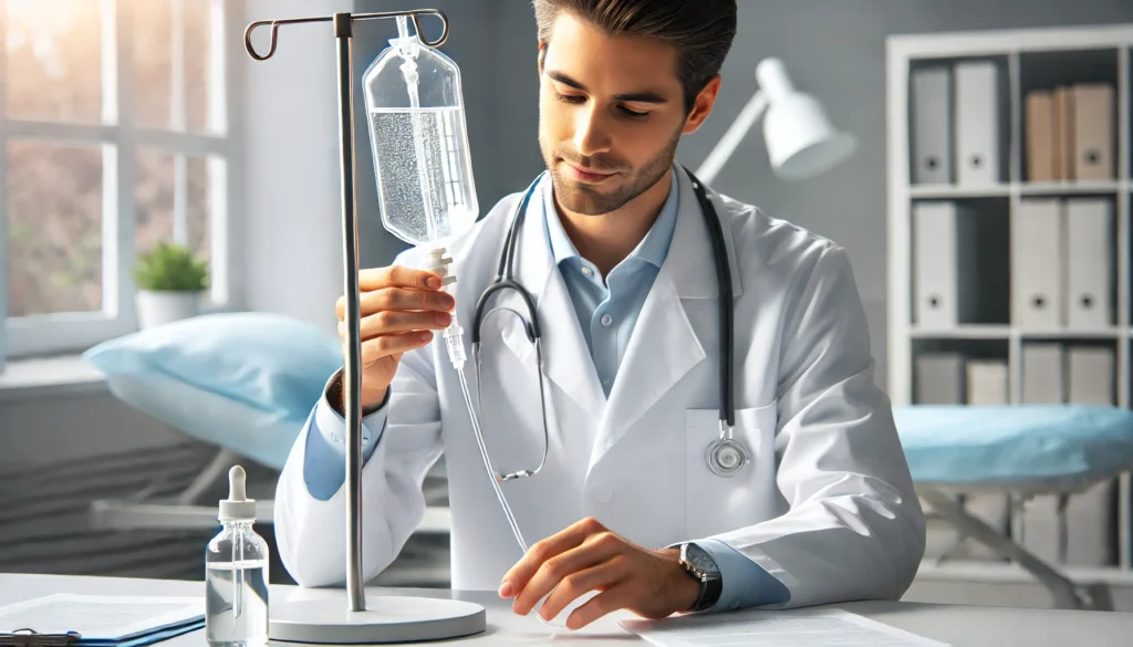 Chelation Therapy: How It Works, Benefits, and Risks for Heavy Metal Detoxification 3 A doctor in a white coat preparing a chelation therapy treatment for a patient. The doctor is carefully handling an IV drip filled with a detoxifying solution. The setting is a bright medical office with soft lighting, emphasizing a professional and clean healthcare environment.