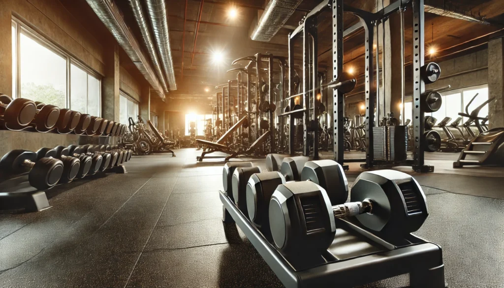 Strength Training Workouts: Build Power, Endurance, and Functional Fitness 2 A set of heavy dumbbells resting on a sturdy gym rack, showcasing strength training equipment in a well-lit gym. The gym has a modern industrial design with rubber flooring, bright lighting, and a variety of strength training machines in the background.