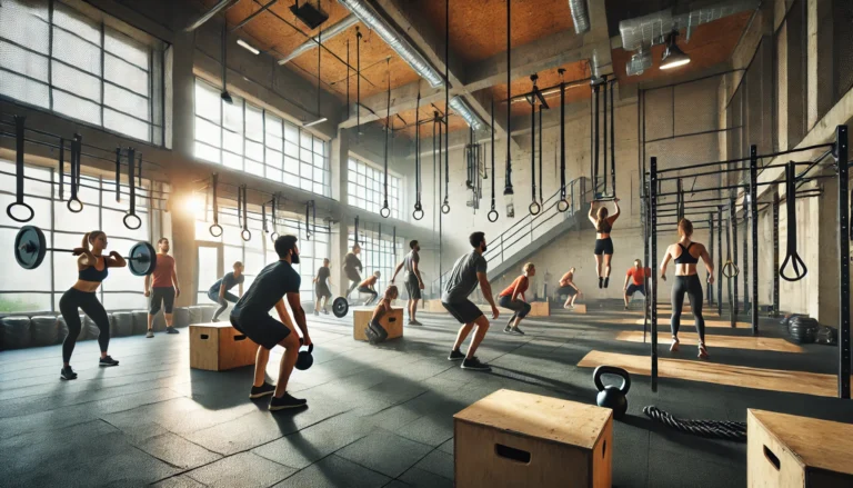 A modern gym setting with people engaged in functional fitness exercises, including kettlebell swings, box jumps, battle ropes, and TRX suspension training. The gym features an industrial-style atmosphere with bright lighting, highlighting strength, endurance, and movement-based training.
