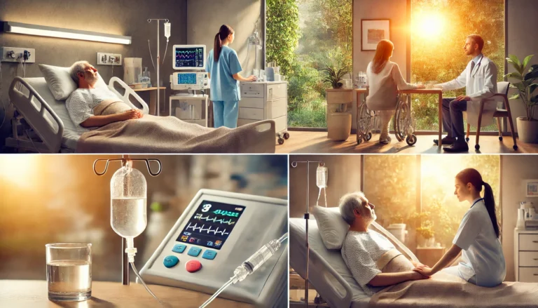 A calm and supportive medical environment with doctors and nurses monitoring a patient undergoing alcohol withdrawal delirium treatment in a hospital setting.