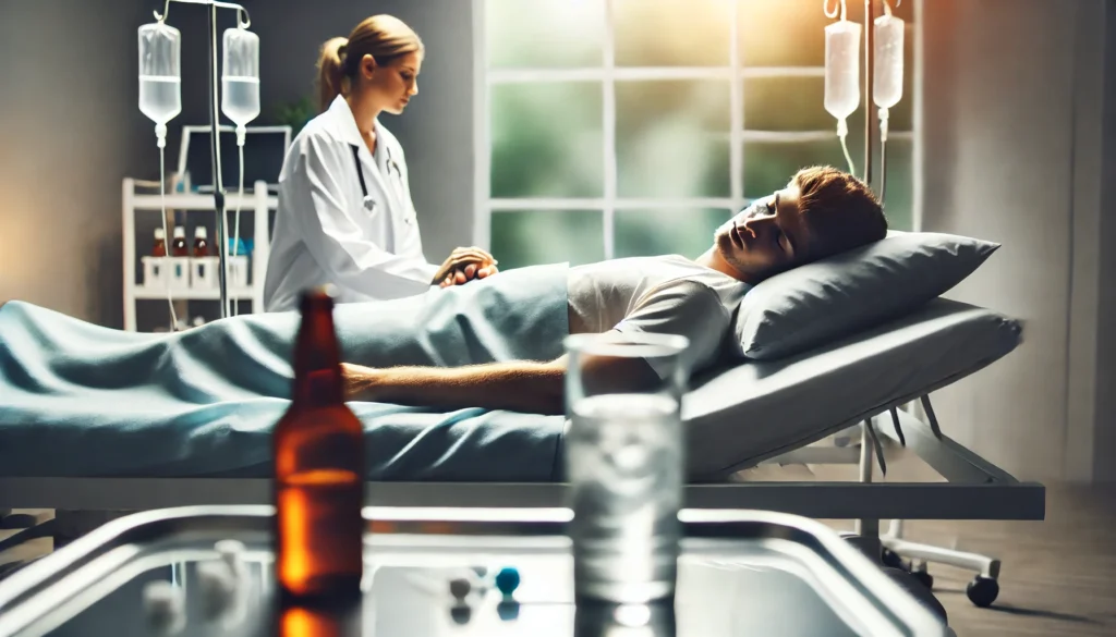 A peaceful recovery scene where a patient rests comfortably in a detox center, receiving safe and structured alcohol withdrawal delirium treatment.