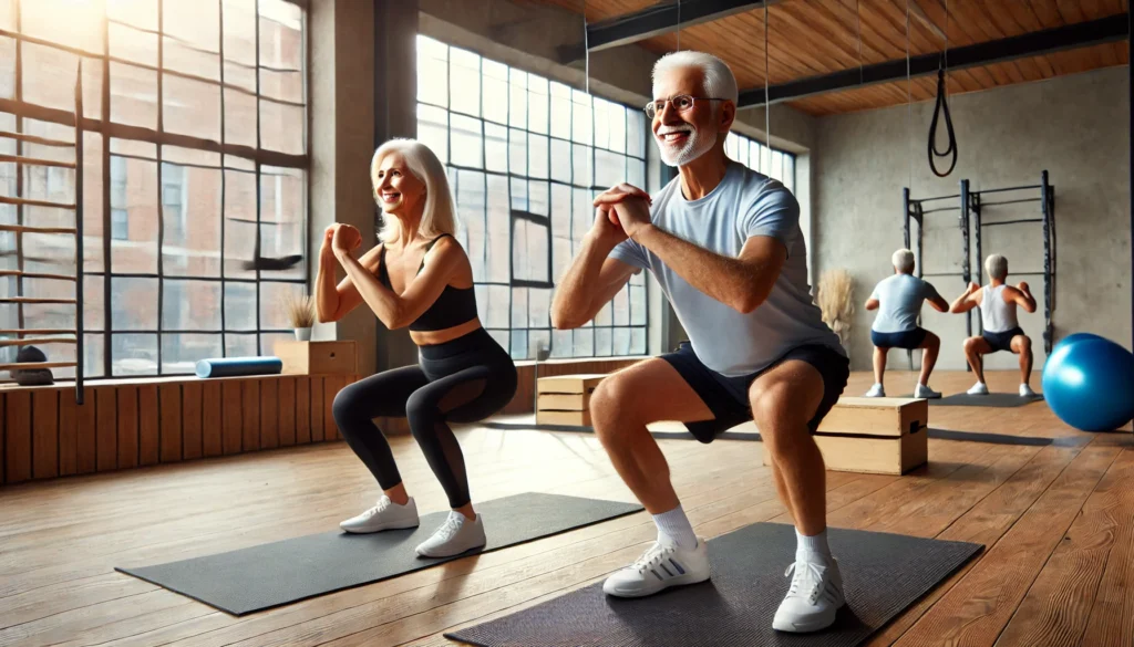 An elderly man and woman performing bodyweight squats in a well-lit exercise studio. They are smiling and demonstrating good posture and balance. The studio has wooden flooring, a large mirror, and yoga mats, with natural light streaming in from large windows, creating a warm and inviting workout environment.