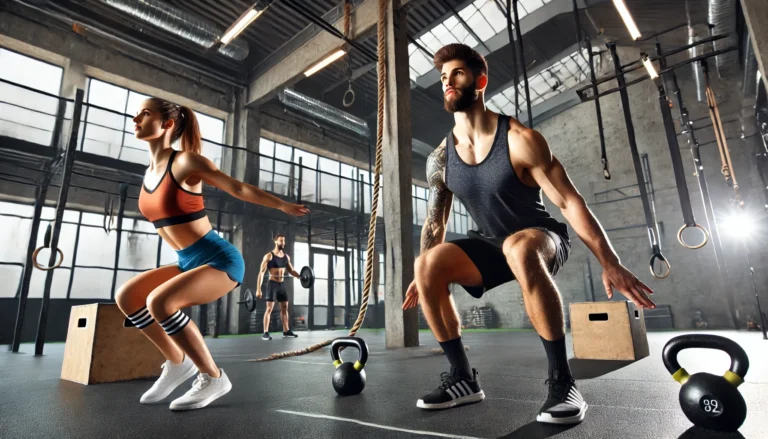 A fit man performing jump squats and a woman doing kettlebell swings in a sleek, industrial-style gym. The background includes functional fitness equipment such as battle ropes, resistance bands, and plyometric boxes, creating a high-energy training environment.
