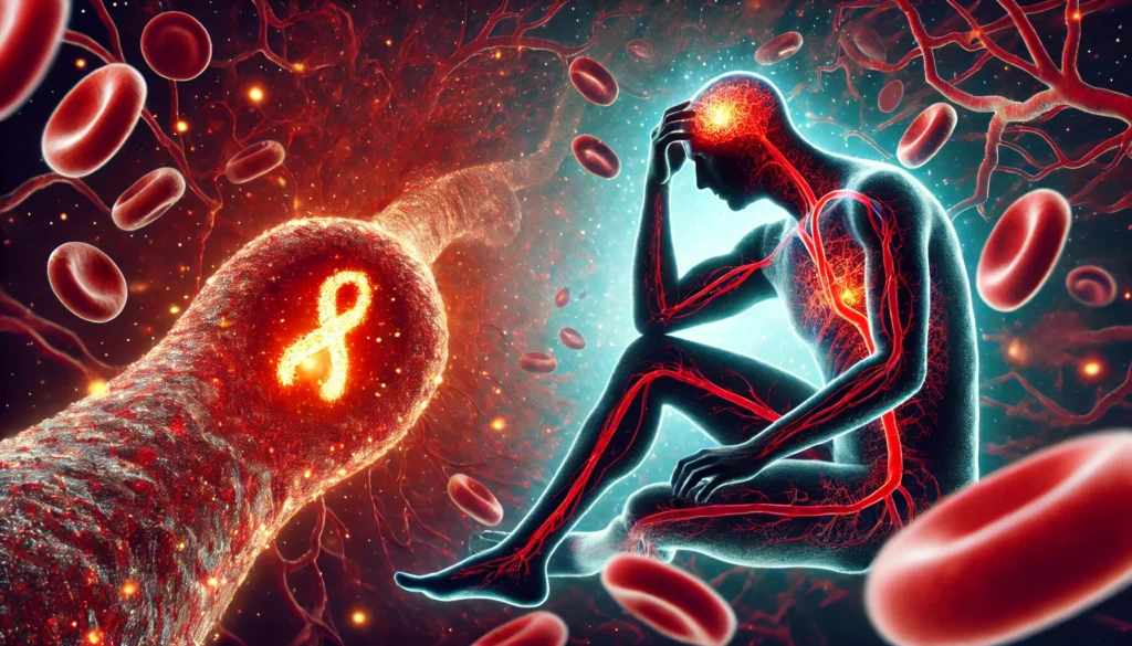 Can Too Much Iron Make You Tired? Understanding the Impact on Energy Levels 2 A conceptual image of excess iron in the bloodstream affecting energy levels. A glowing red iron molecule is seen in the veins, with a fatigued silhouette of a person in the background. The bloodstream is illuminated with a high concentration of iron, creating a dramatic and intense medical visualization.