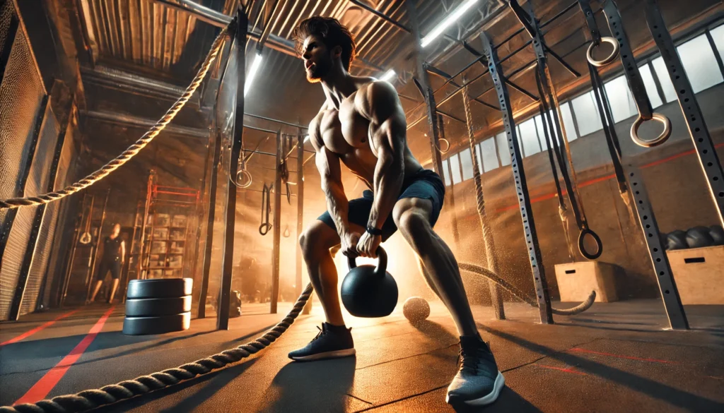A muscular athlete performs a powerful kettlebell snatch in a high-intensity interval training (HIIT) session, surrounded by functional training equipment like battle ropes, pull-up bars, and medicine balls in an intense gym environment.