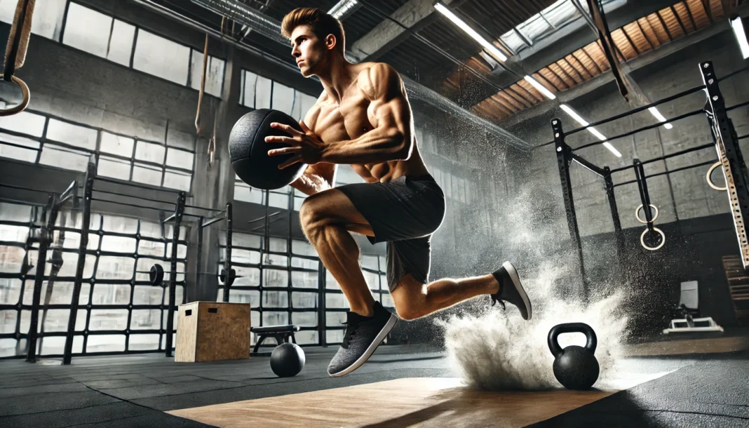 A high-energy scene of a male athlete performing a powerful medicine ball slam in a modern gym. His core muscles are visibly engaged, showcasing strength and endurance. The sleek gym environment features workout equipment in the background, emphasizing a dynamic and intense training session.