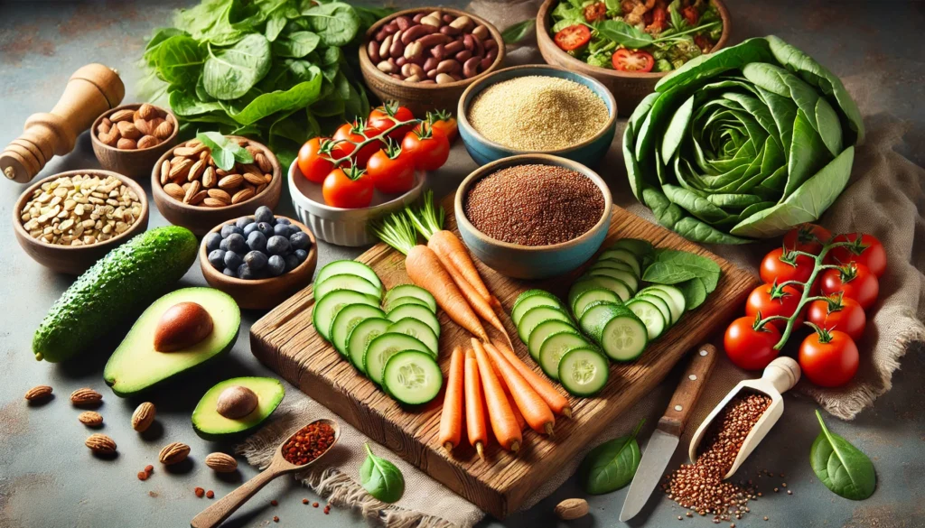 Avoiding Processed Foods: Best Non-Processed Food Diets for Better Health 1 A farm-to-table spread featuring fresh, organic non-processed foods such as leafy greens, tomatoes, avocados, berries, nuts, and whole grains. A wooden cutting board holds sliced cucumbers and carrots, with a bowl of quinoa and legumes in a rustic kitchen setting.