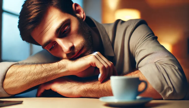 A fatigued man sitting at a desk with his head resting on his hand, looking exhausted. His skin appears slightly pale, and he has dark circles under his eyes. A cup of coffee sits untouched beside him. Warm indoor lighting and a softly blurred background emphasize his low energy levels.