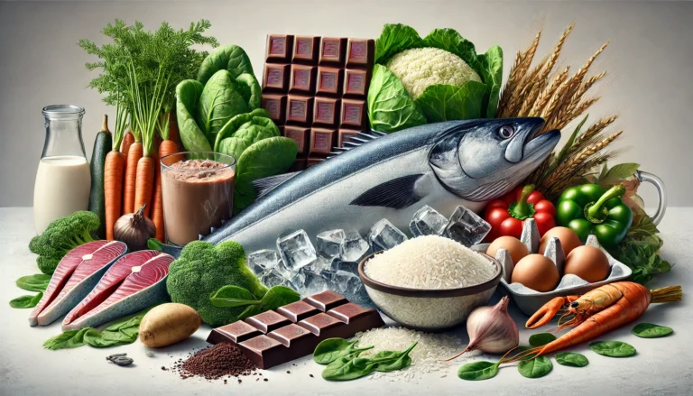 A realistic composition of various foods known to contain heavy metals, including large fish like tuna and swordfish on ice, dark chocolate bars, a bowl of rice, leafy greens such as spinach, and root vegetables like carrots and potatoes, set on a clean kitchen counter.