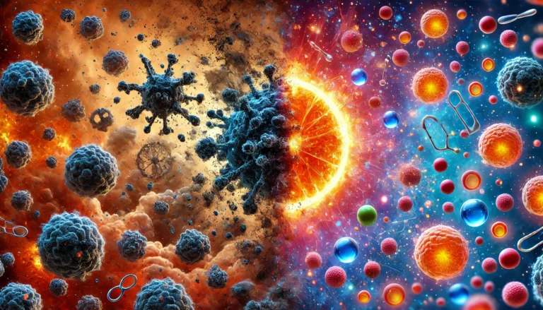 A conceptual representation of free radicals and antioxidants, showing a contrast between damaged cells and vibrant, healthy cells. Dark chaotic particles represent oxidative stress, while bright glowing molecules symbolize antioxidants protecting the cells.