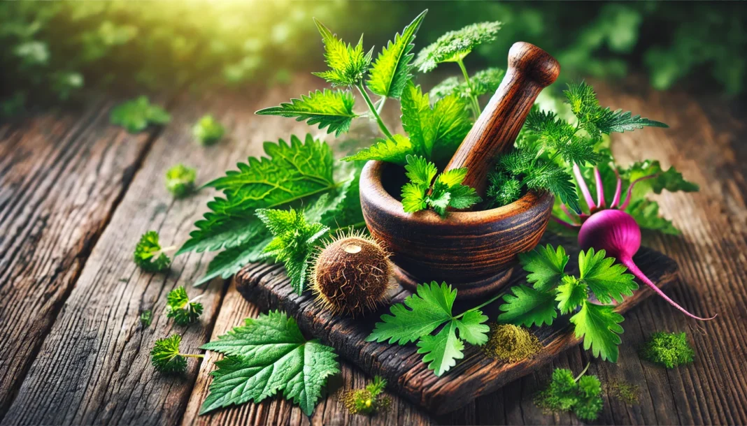 A selection of fresh blood detox herbs, including dandelion, burdock root, nettle leaves, parsley, and cilantro, arranged on a rustic wooden surface. A wooden mortar and pestle with crushed herbs sits beside them, emphasizing their natural detoxifying properties.